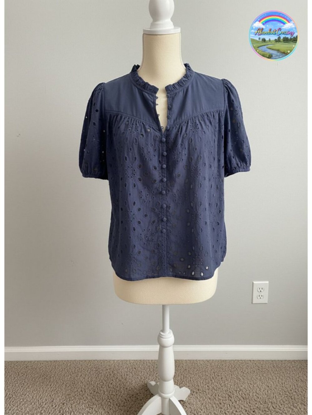 100% Cotton Eyelet Lace Blouse Puff Sleeve Button Down Dressy Top